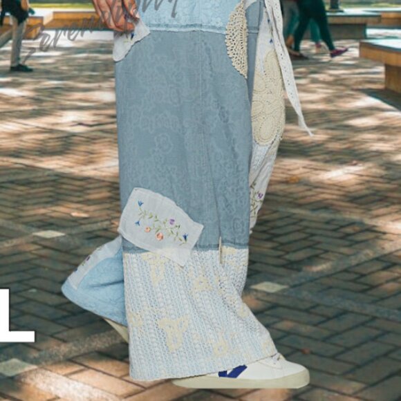 POL Lace & Patchwork Denim Gauze Super Baggy Flare Wide Leg Boho Pants - Picture 6 of 11